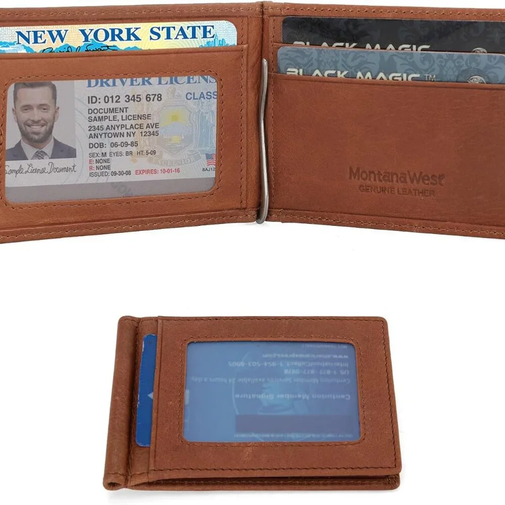 NWT Montana West Men’s Leather RFID Bifold Wallet w/ Money Clip, Brown,4.3”x3.1